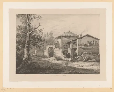 Landschap met metselaars bij een huis