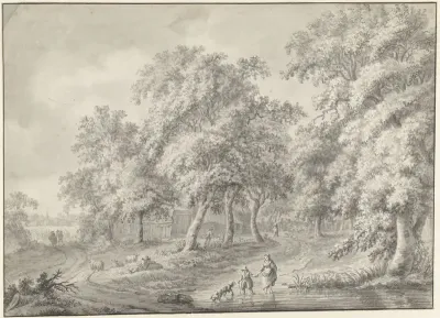 Landschap met moeder en kind met hond wadend door een poel