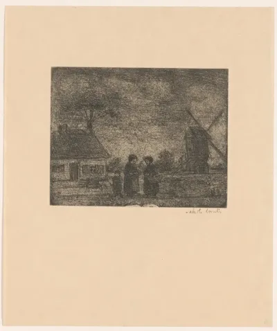 Landschap met molen bij avond