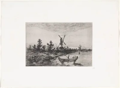Landschap met molen en boot