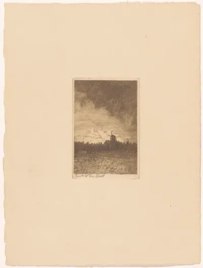 Landschap met molen en donkere lucht