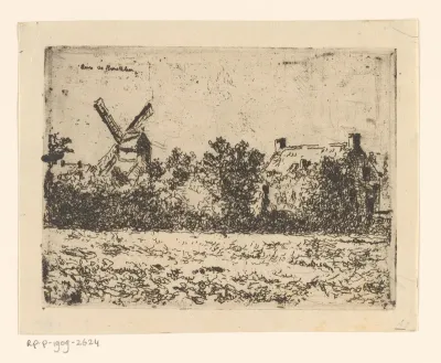 Landschap met molen en huis