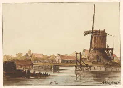Landschap met molen en huizen aan het water