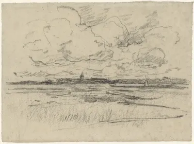 Landschap met molen en in de verte een toren