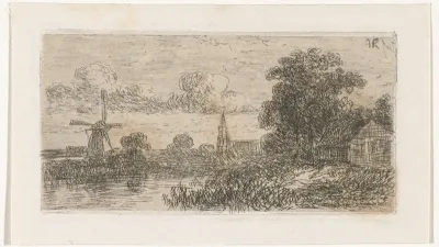 Landschap met molen en kerk