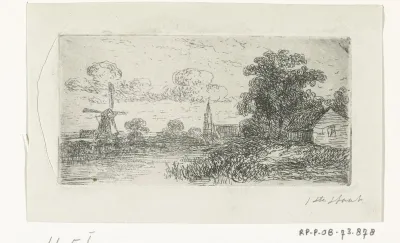 Landschap met molen en kerk