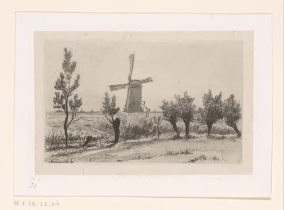 Landschap met molen en knotwilgen bij Abcoude