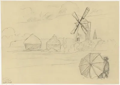 Landschap met molen en persoon achter paraplu