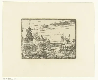 Landschap met molen en schip in haven
