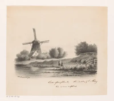 Landschap met molen en twee vissers