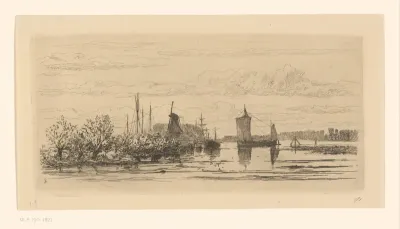 Landschap met molen en zeilschepen bij Dordrecht
