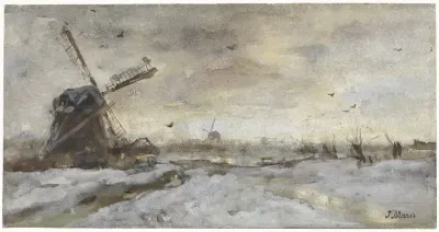 Landschap met molen in de sneeuw