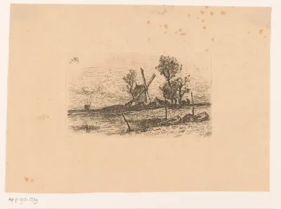 Landschap met molen langs een oever