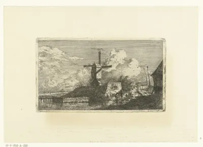 Landschap met molen op terp aan water