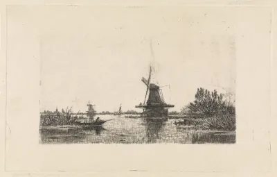 Landschap met molens en een roeiboot