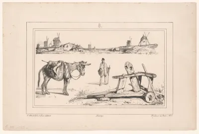 Landschap met molens, ezel, boer en landbouwwerktuig
