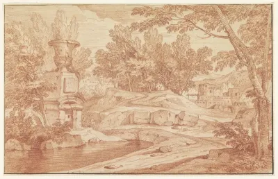 Landschap met monumentale vaas en enkele gebouwen
