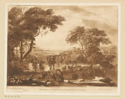 Landschap met musicerende herders en bokken die van een klif vallen