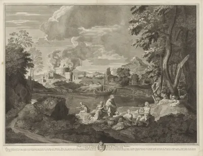 Landschap met musicerende Orpheus en Eurydice, die wordt gebeten door een slang