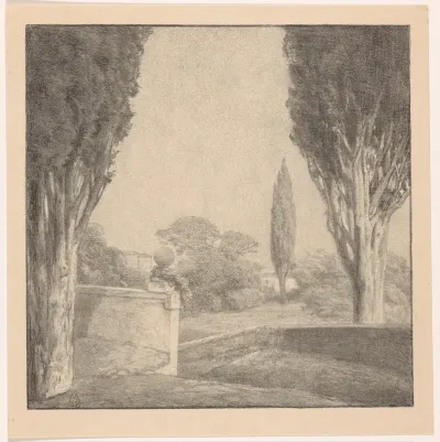 Landschap met muur en cipres