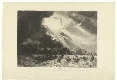 Landschap met naderende onweersbui en ganzen in weide