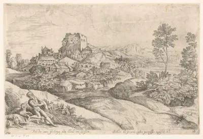 Landschap met nederzetting en een herder