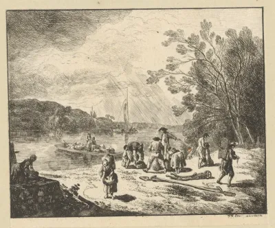 Landschap met oever waar mannen spullen van een boot laden