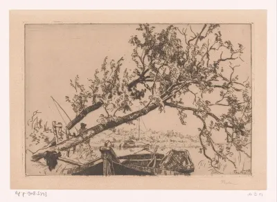 Landschap met omgevallen boom, boten en hengelaar