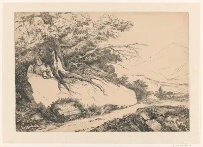 Landschap, met onder een boom een pauzerende man met hond