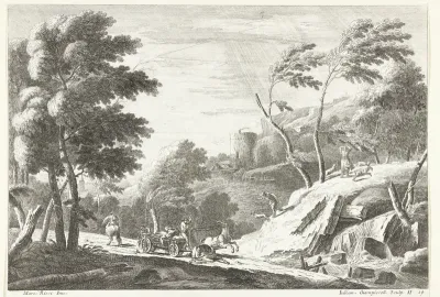 Landschap met onweer en geschrokken dieren bij kleine waterval