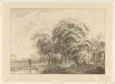 Landschap met op de achtergrond een in neoclassicistische stijl gebouwde buitenplaats
