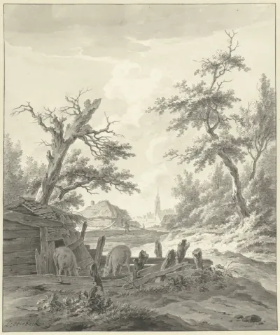 Landschap met op de voorgrond een varkenskot