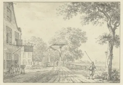 Landschap met ophaalbrug en personen voor een herberg