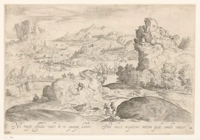 Landschap met optrekkende soldaten