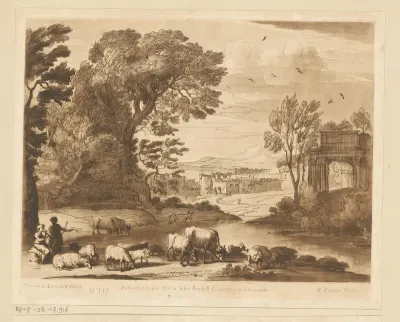 Landschap met ossen grazend aan een oever en de Boog van Titus