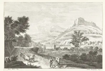 Landschap met ossenkar en begrafenis