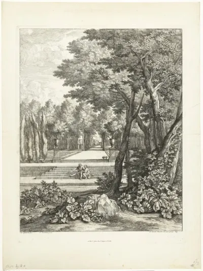 Landschap met paar, zittend op een trap in de tuin