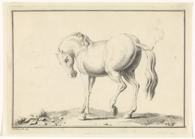 Landschap met paard dat van achteren een pijp rookt