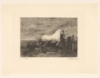 Landschap met paard en drie koeien