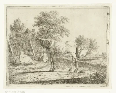 Landschap met paard en twee koeien bij boerderij aan water