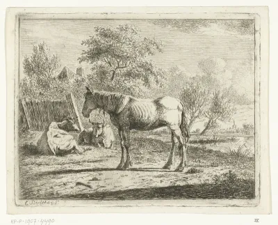 Landschap met paard en twee koeien bij boerderij aan water