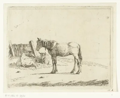 Landschap met paard en twee koeien bij hek