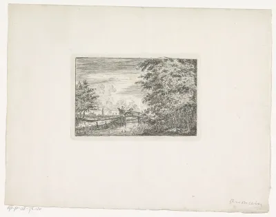 Landschap met paard en wagen op brug