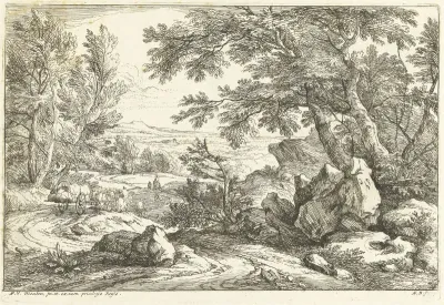 Landschap met paard en wagen op een weg