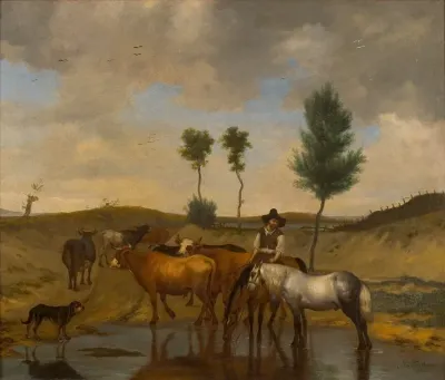 Landschap met paarden en koeien, bij een wed