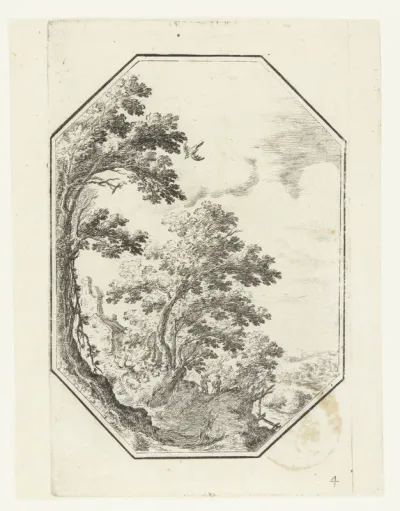 Landschap met pad tussen bomen in octagonaal kader