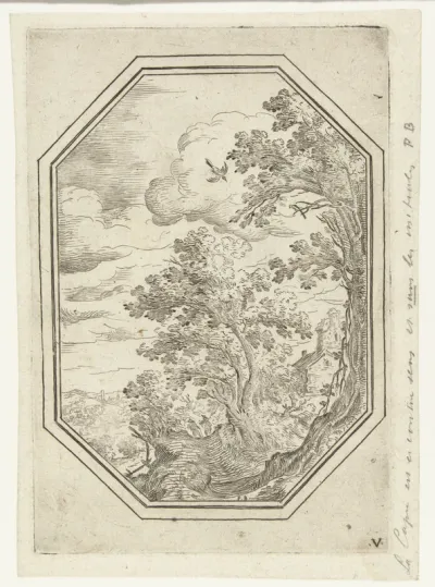 Landschap met pad tussen bomen in octagonaal kader