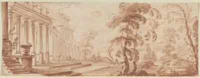 Landschap met paleis met concave gevel