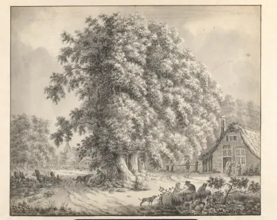 Landschap met personen bij een huis en twee honden