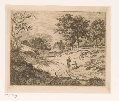 Landschap met persoon die een ander de weg wijst